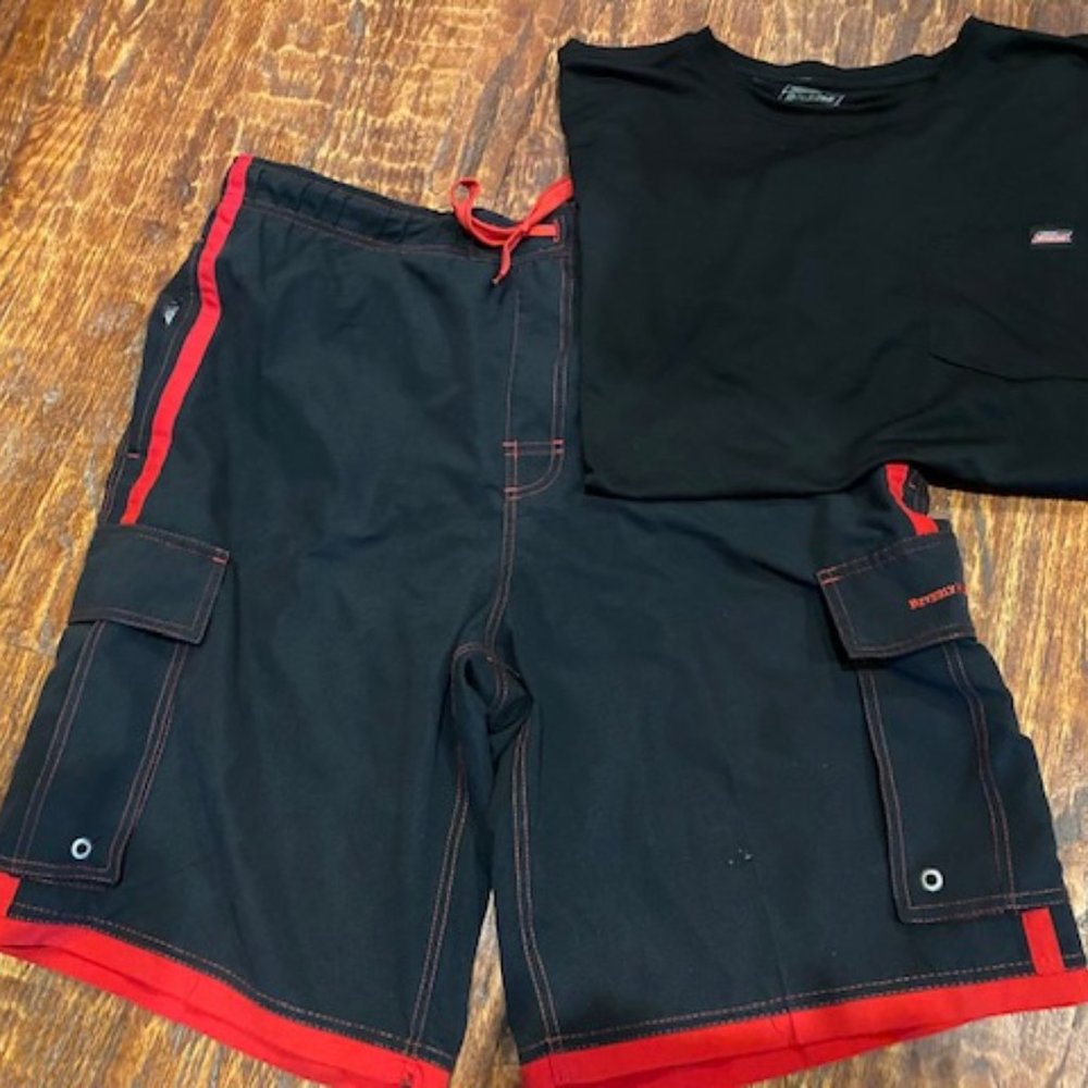 Bundle 2 *BLACK & RED Beverly Hills Polo Club CARGO SWIM TRUNKS + Black TEE ~ XL